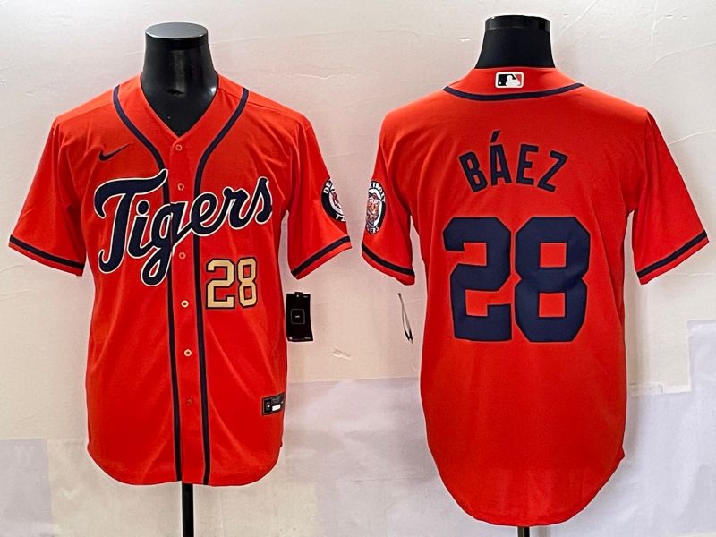 Men 2025 Detroit Tigers 28 Baez Orange Game Nike MLB Jersey style 4